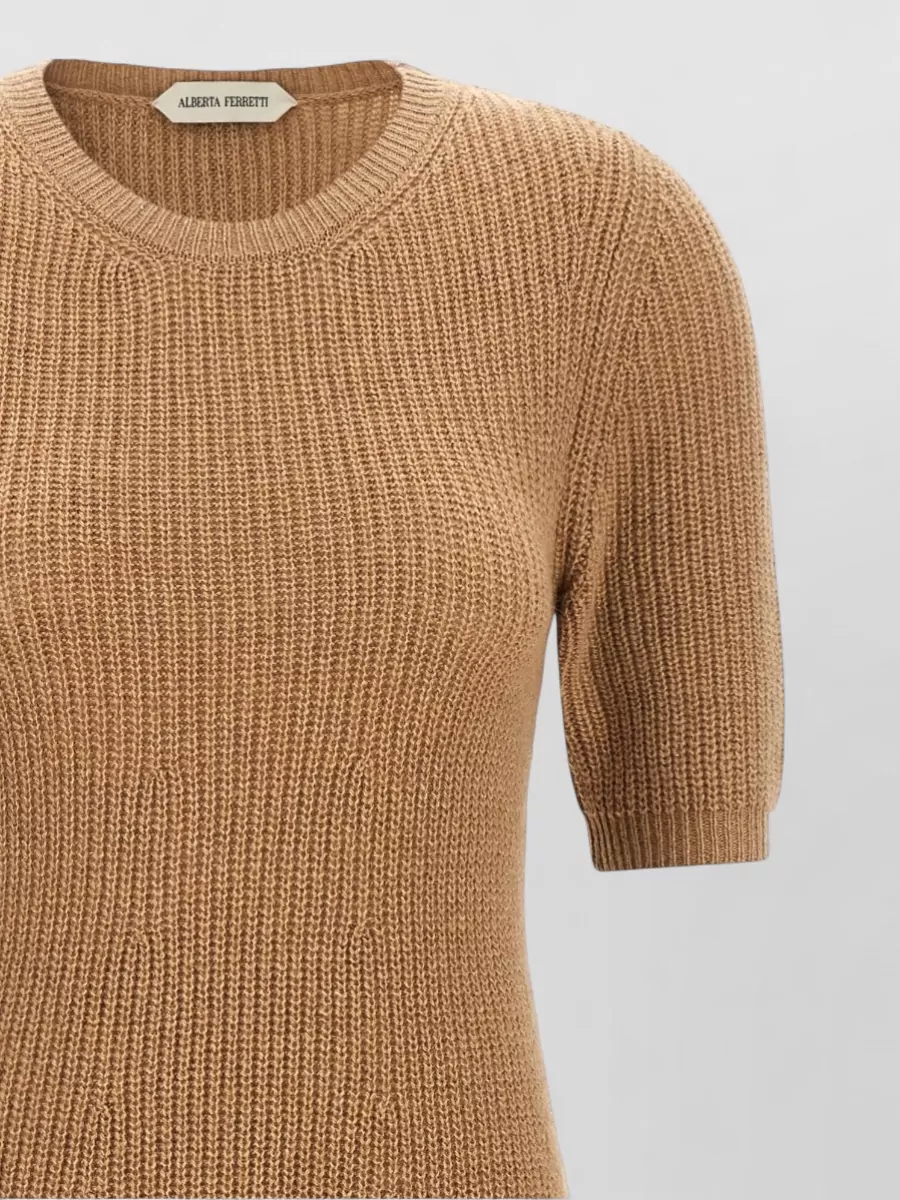Alberta Ferretti Cashmere Camel Hair Ribbed Knit Short Sleeve Midi Dress