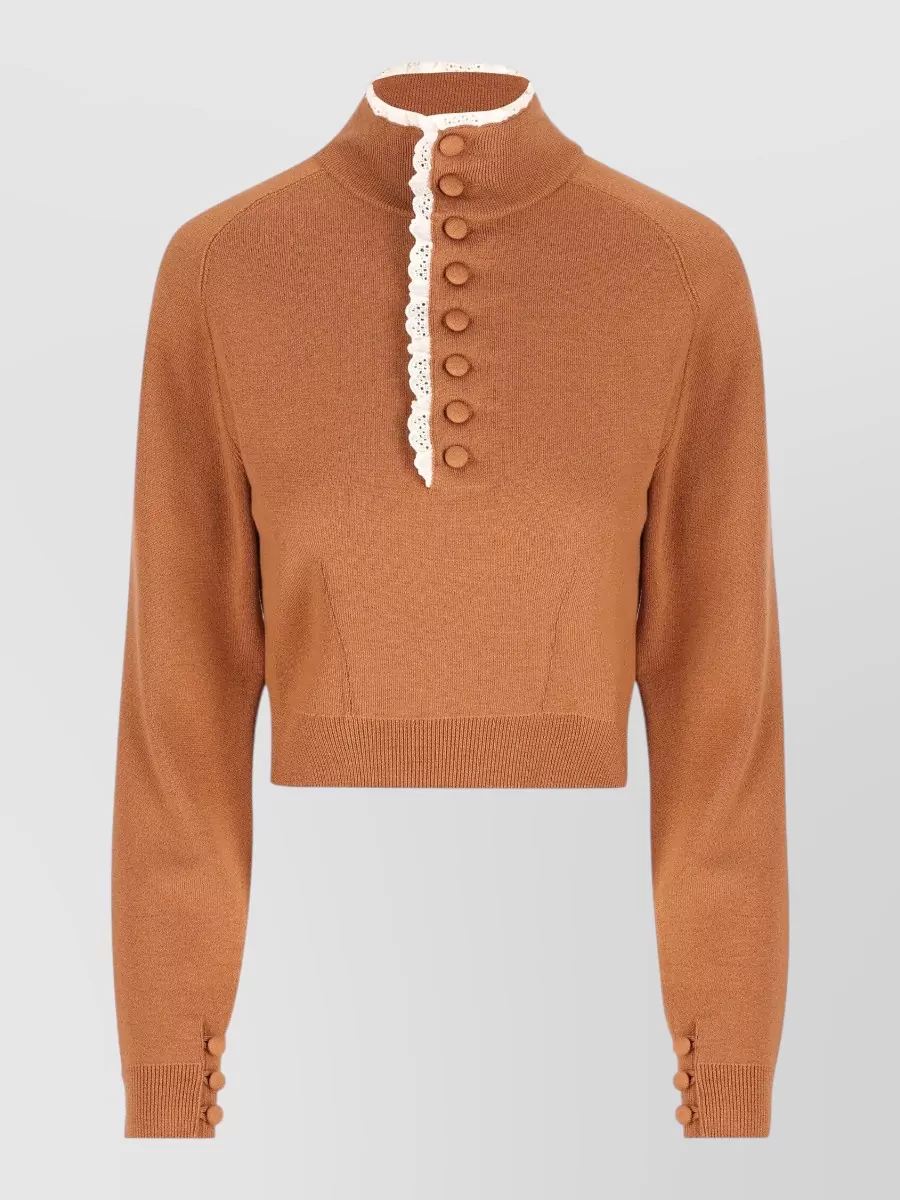 Chloé wool high-neck lace-trim button-up cardigan
