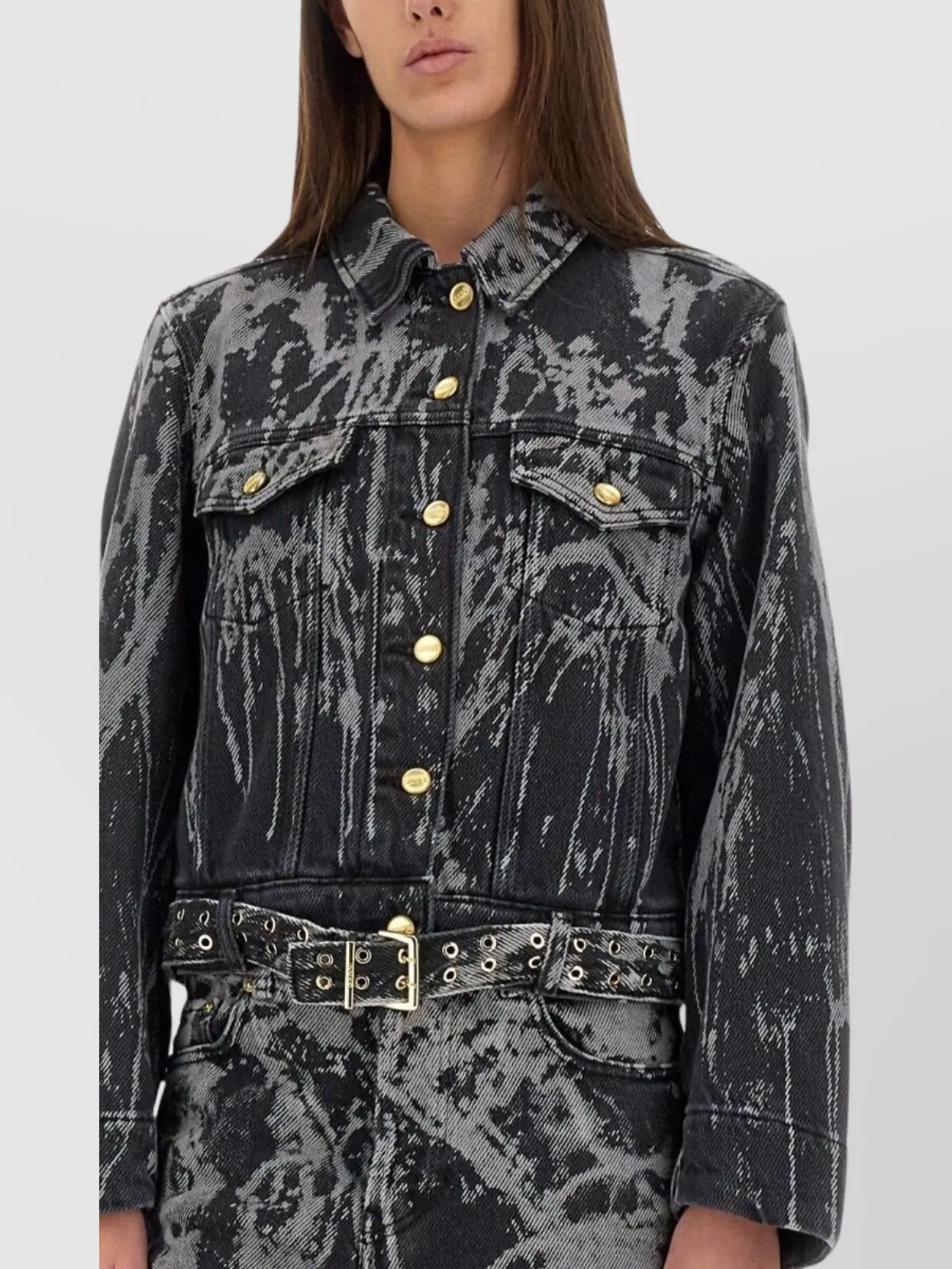 Ganni Denim Jacket With Belted Waist And Chest Pockets
