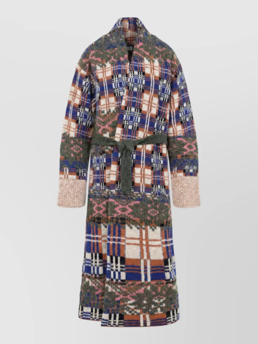 Dries Van Noten wool alpaca jacquard checked belted long knit coat