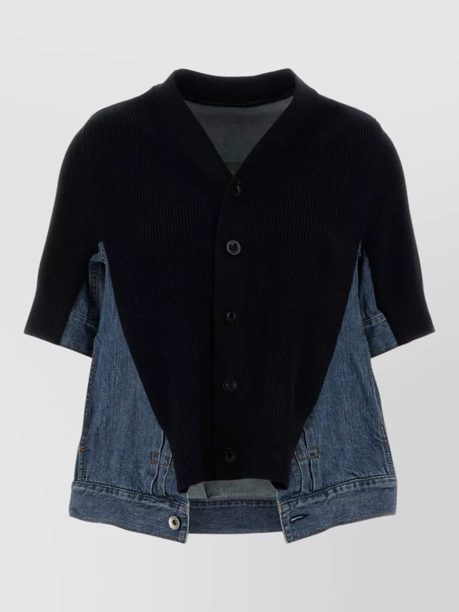 Sacai denim knit cropped v-neck short-sleeve cardigan