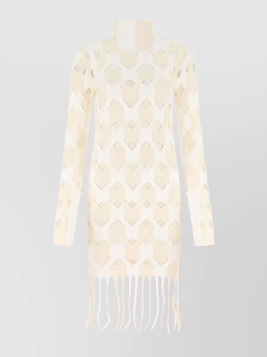 Shop Dion Lee Viscose Blend Geometric Dress With Fringed Hemline In White