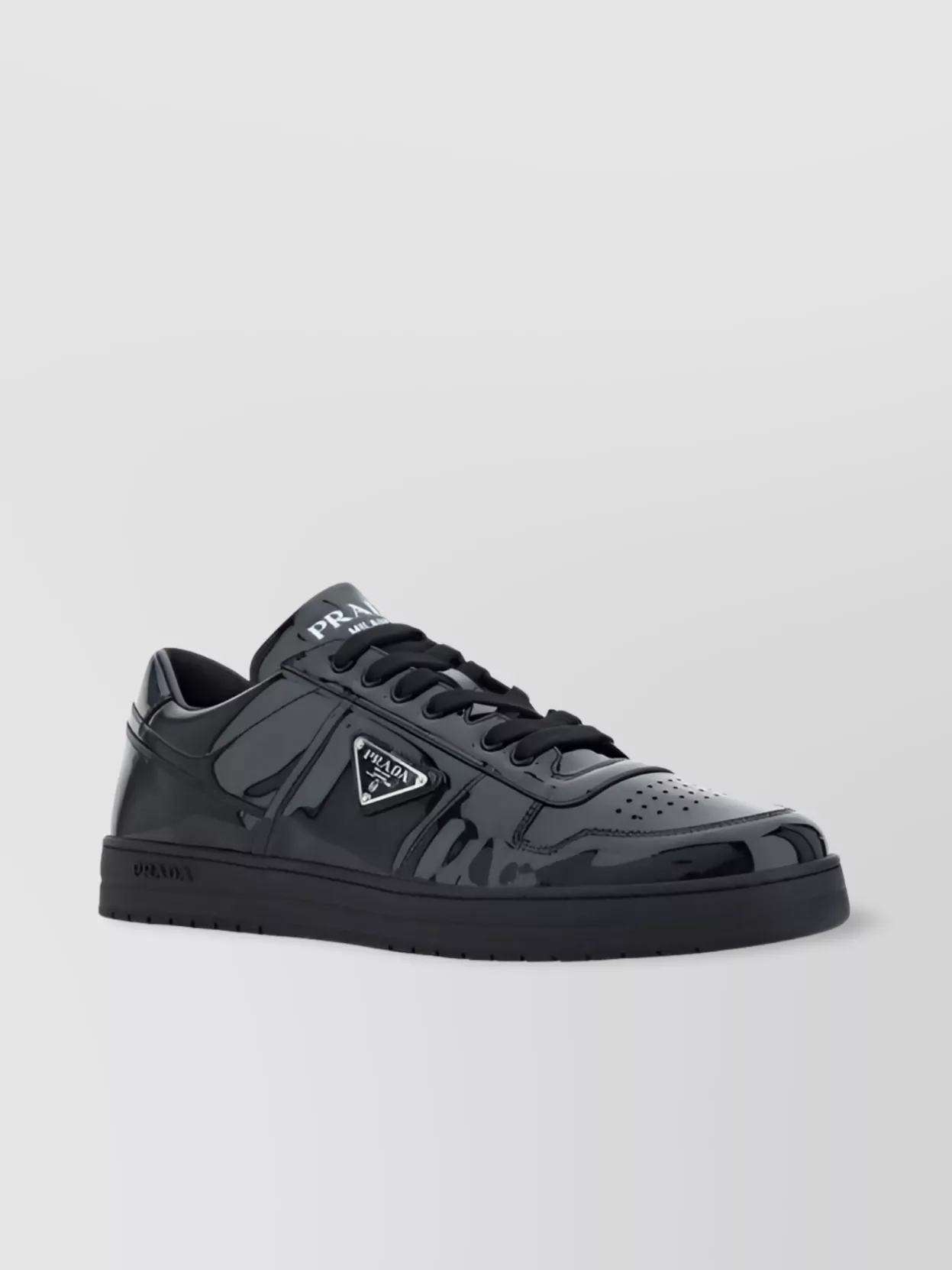 Prada Downtown Calfskin Patent Leather Sneakers In Black