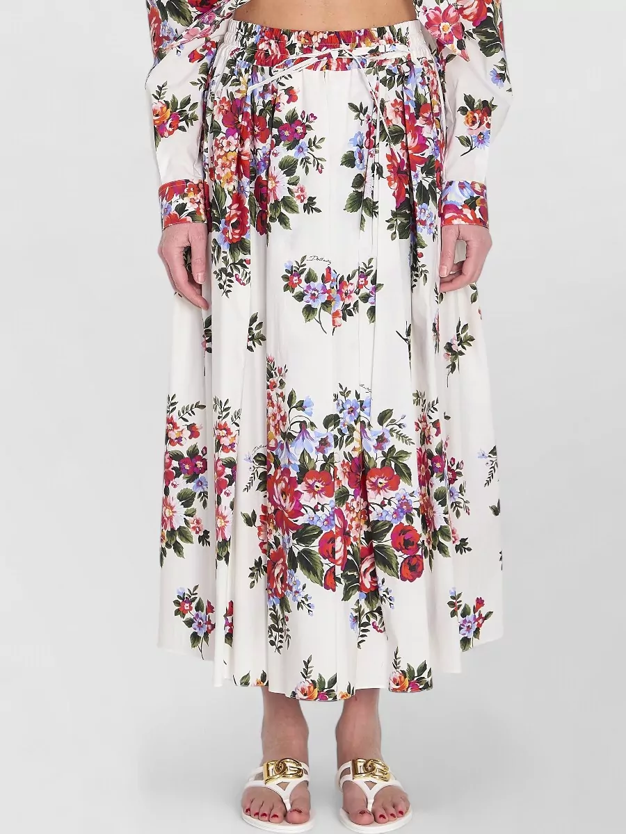 Dolce&Gabbana Cotton Floral Print Pleated Maxi Skirt