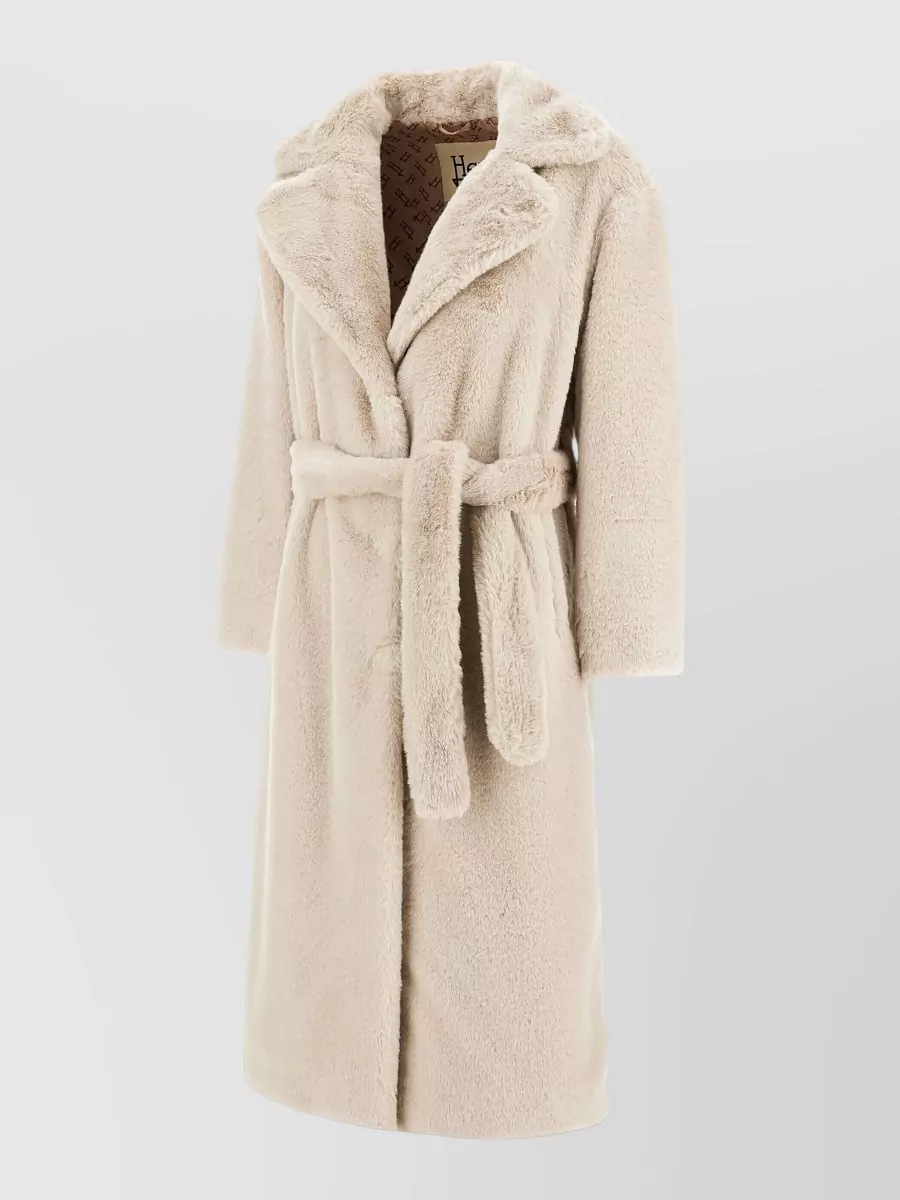 Herno Long Coat Belted Waist Faux Fur Lapels