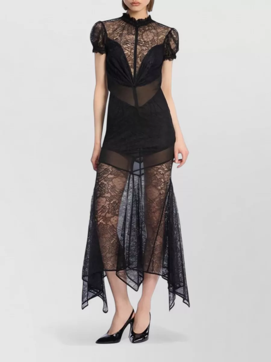 The Attico Lace Puff-Sleeve High-Neck Handkerchief-Hem Midi Dress