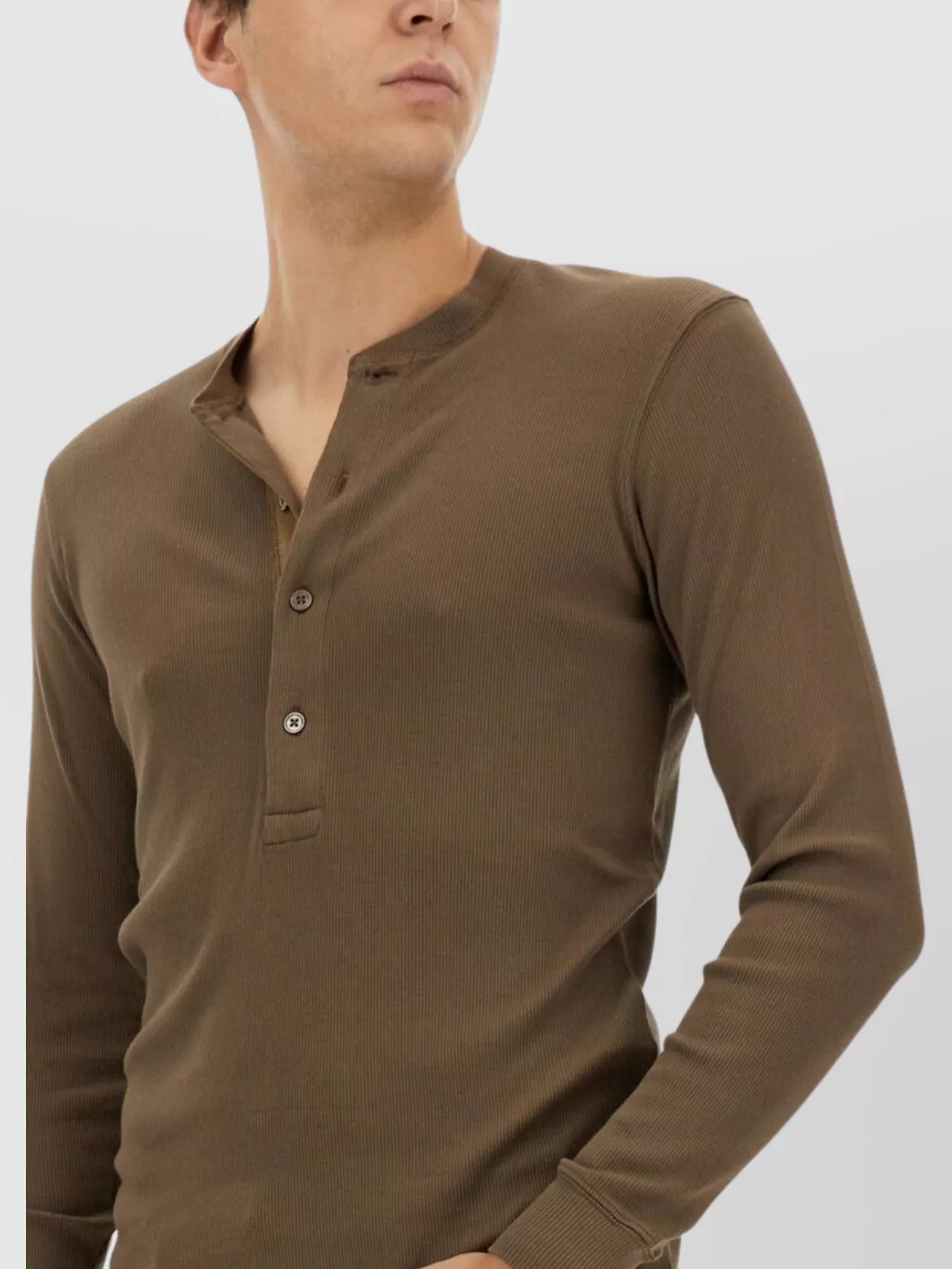 Tom Ford Ribbed "Henley" T-Shirt With Cuffed Long Sleeves