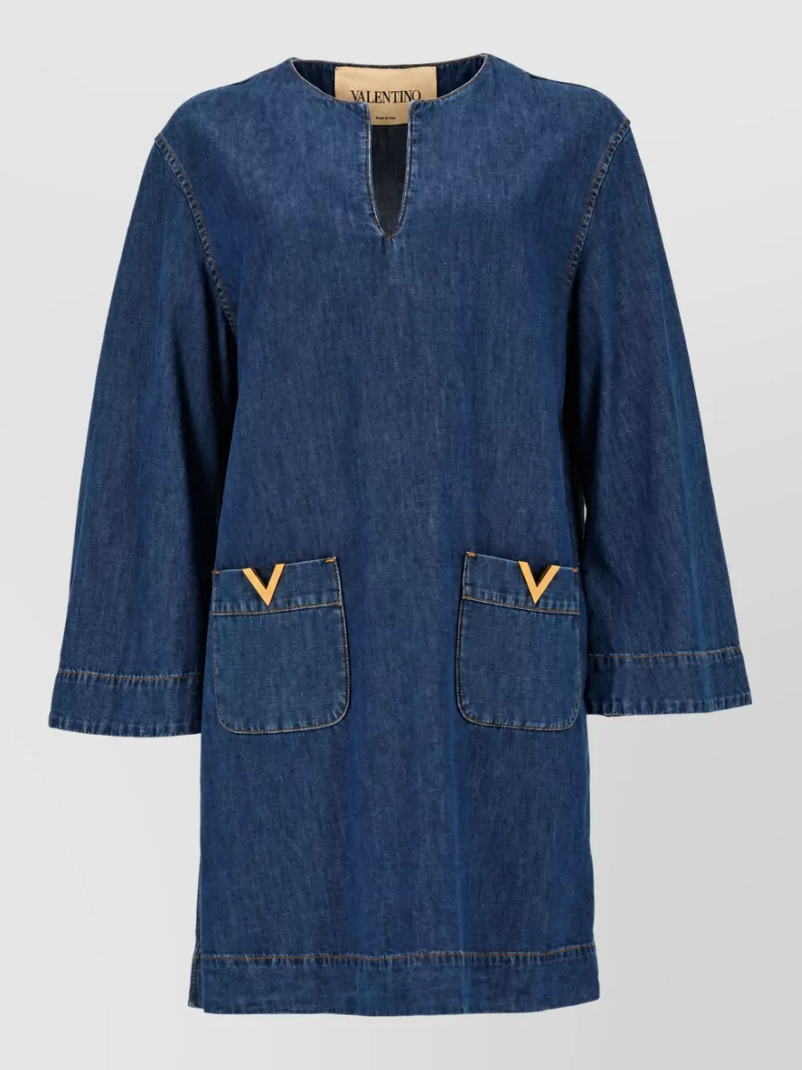 Valentino Denim Chambray Dress V Neckline Pockets