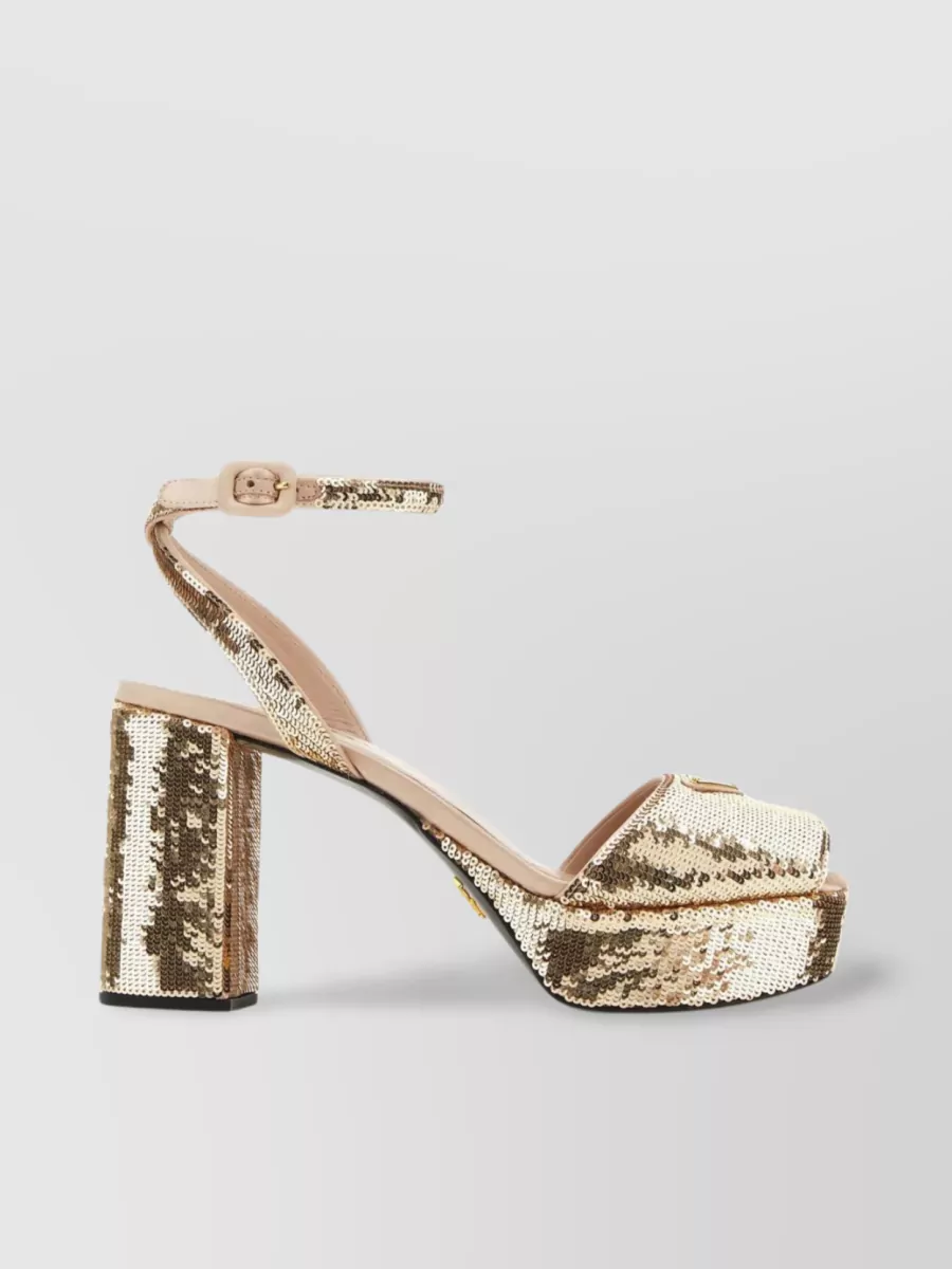Shop Prada Sequin-covered Sandals With Platform And Block Heel In Metallic