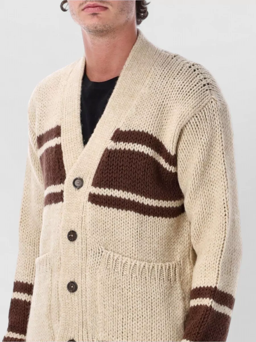 Universal Works Wool Chunky-Knit Striped V-Neck Cardigan