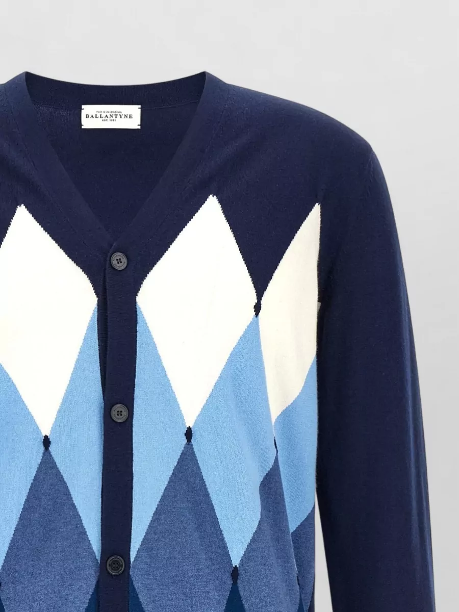 Ballantyne Cashmere Cotton Argyle V-Neck Cardigan