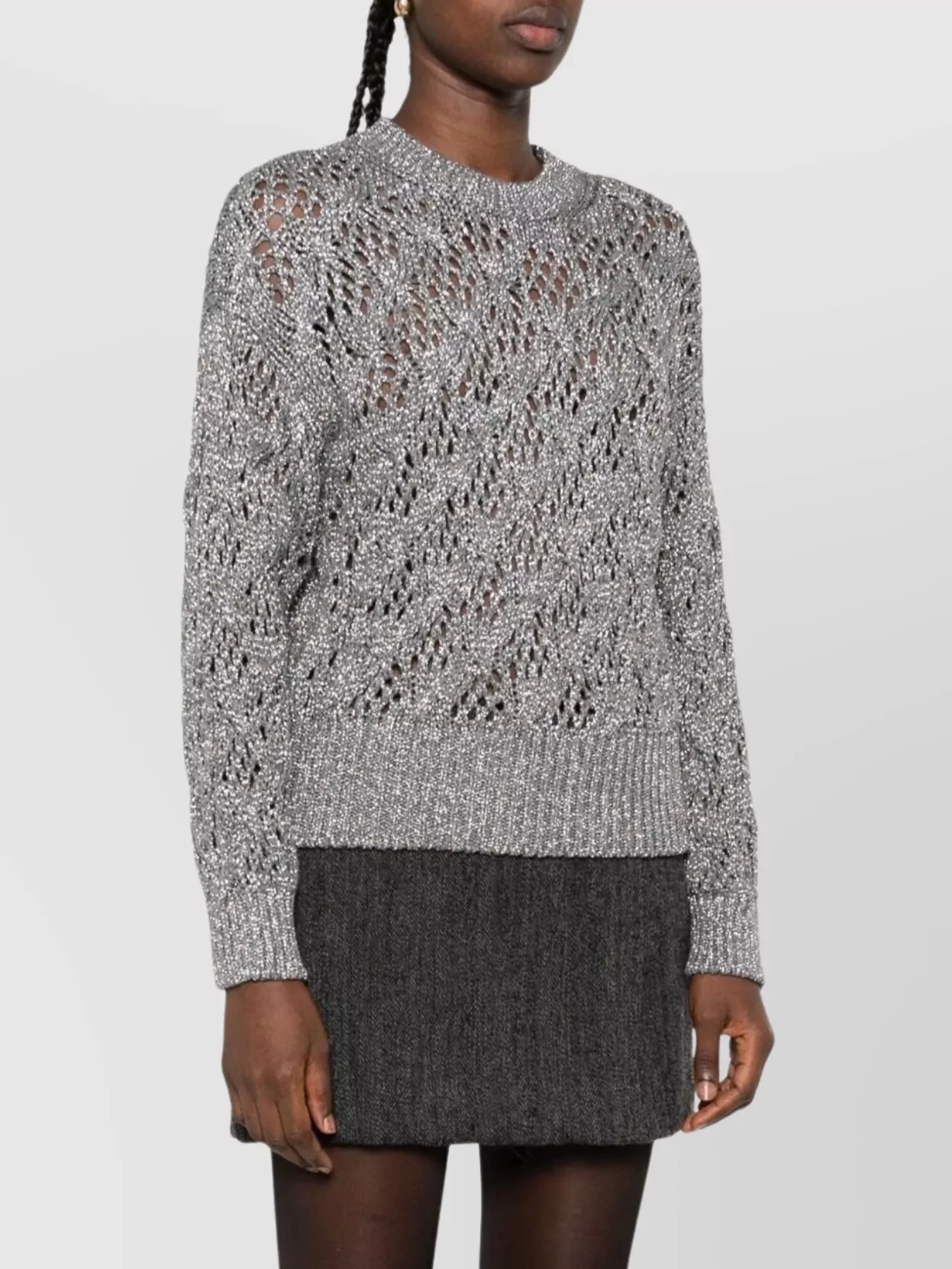 Max Mara Metallic Open-knit Crewneck Sweater In Gray