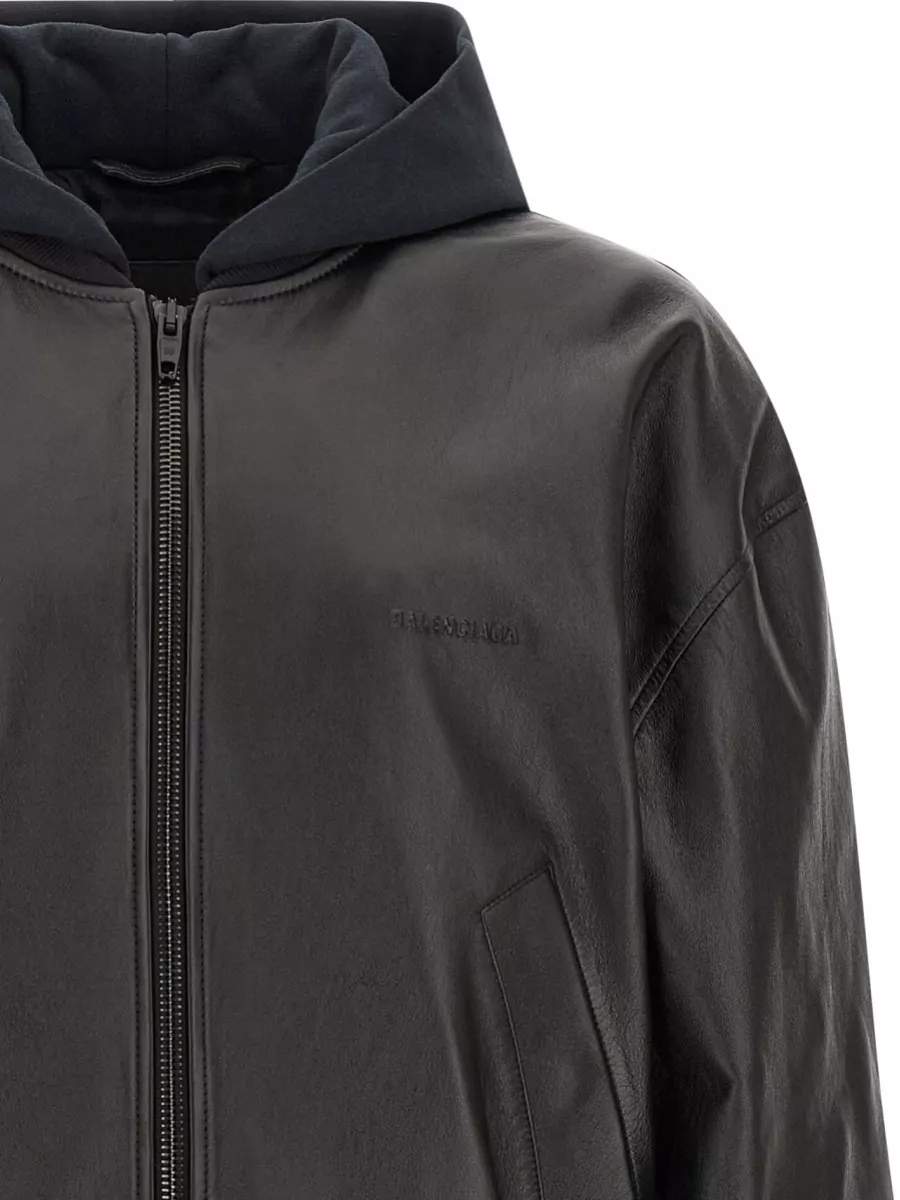 Balenciaga Lamb Leather Hooded Bomber Jacket