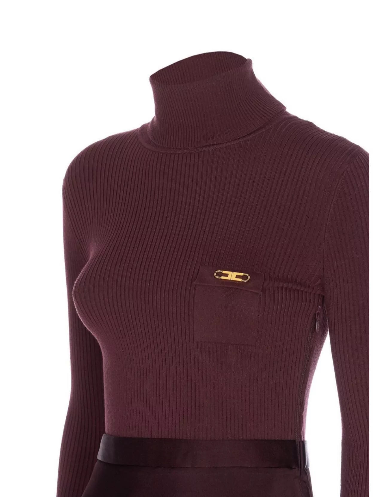 Elisabetta Franchi High Neck Long Sleeve Ribbed Dress