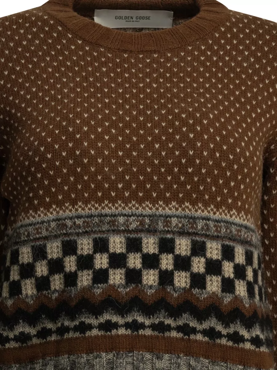 Golden Goose Wool Alpaca Geometric-Print Cropped Crew-Neck Sweater