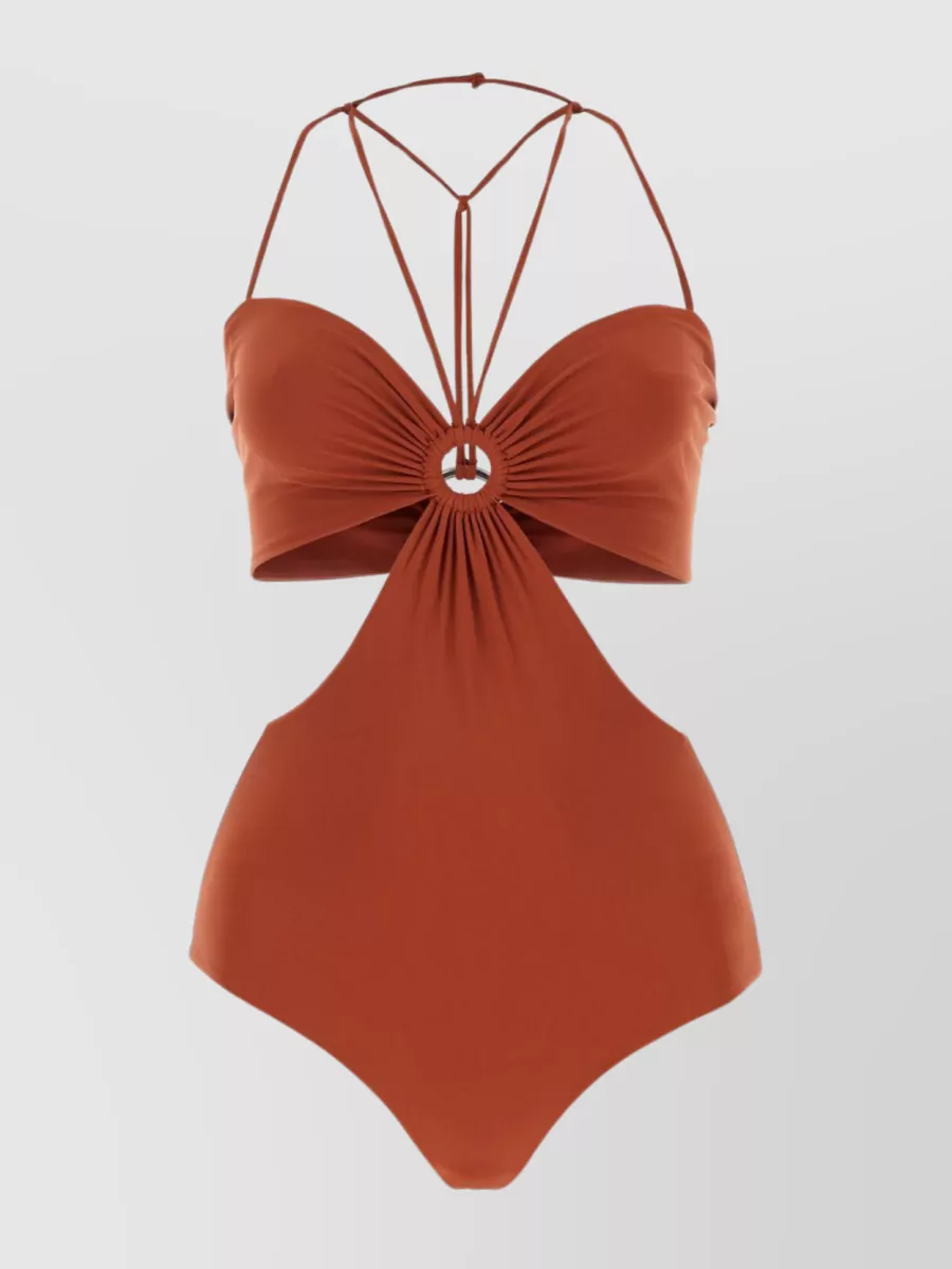 Shop Nensi Dojaka Polyester Swimsuit With Halter Neck And Cut-out Detail In Burgundy