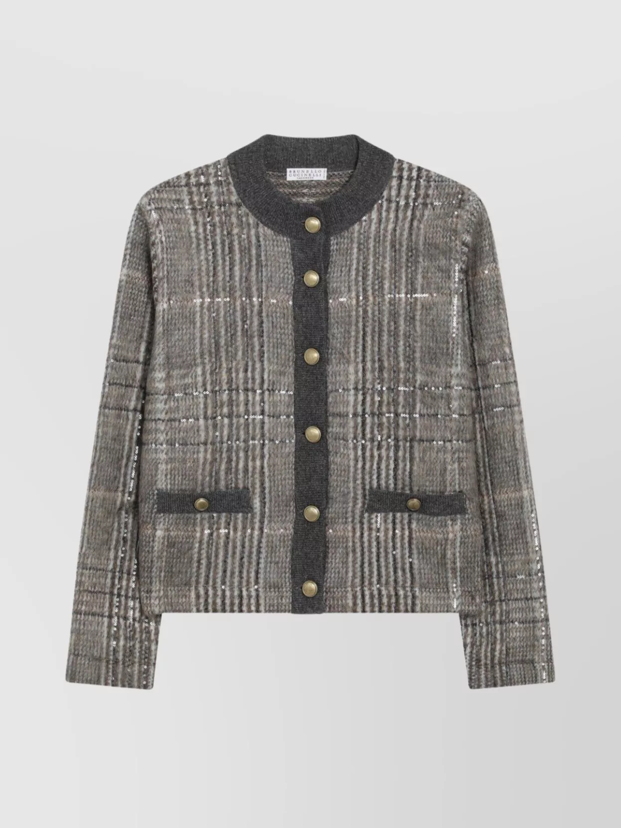 Brunello Cucinelli Check Embroidered Jacquard Long Sleeve Cardigan In Gray