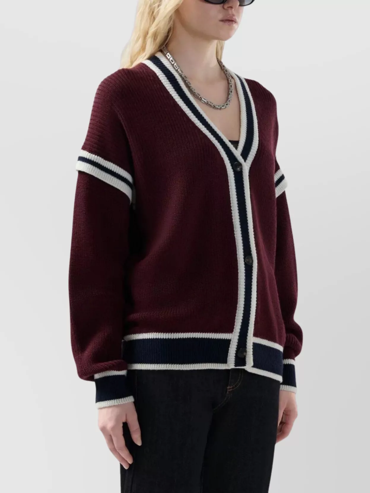 Gcds College Striped Cardigan V-neck In Burgundy