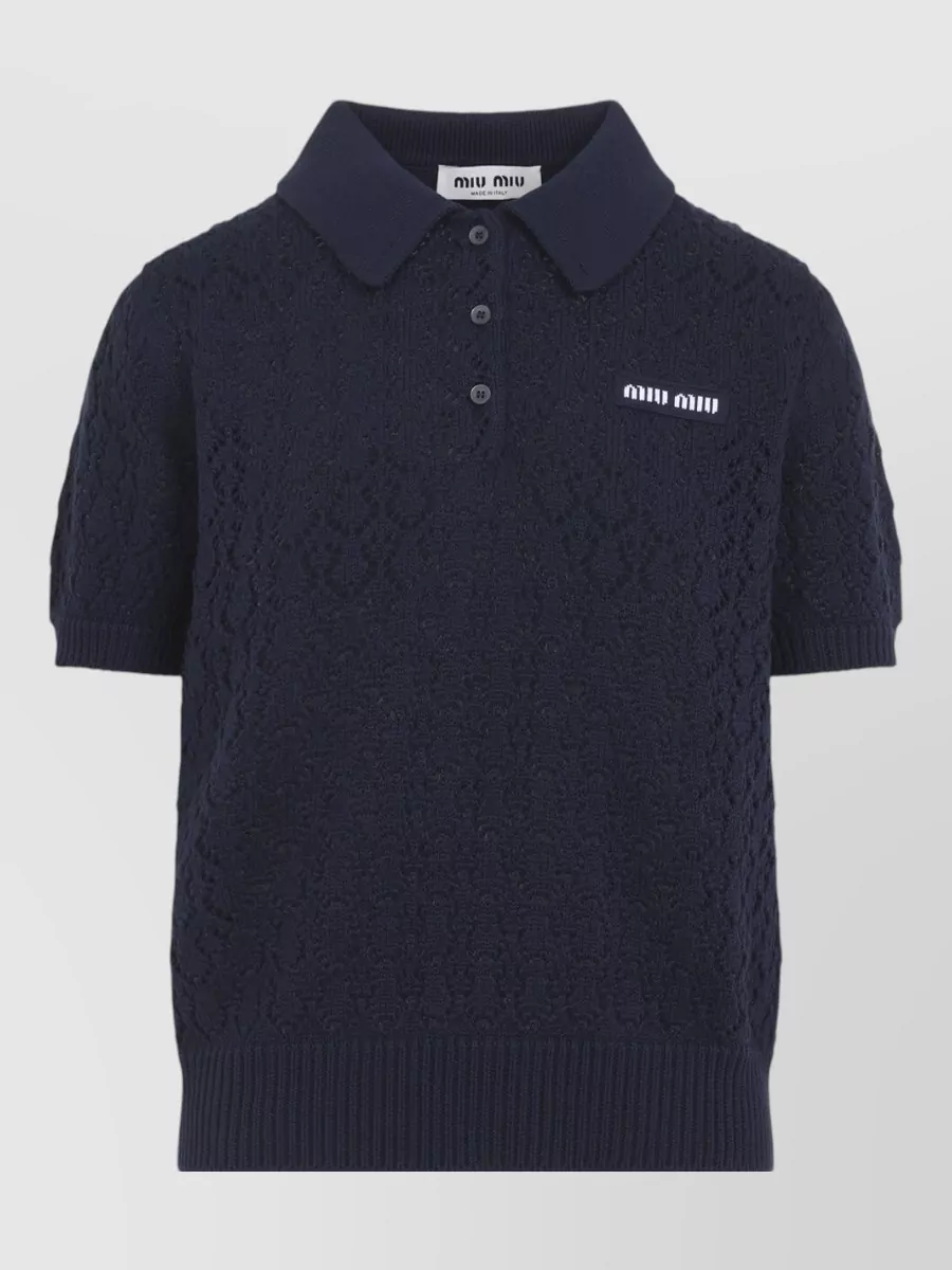 Miu Miu Openwork Lace-Knit Cotton Short-Sleeve Polo Shirt