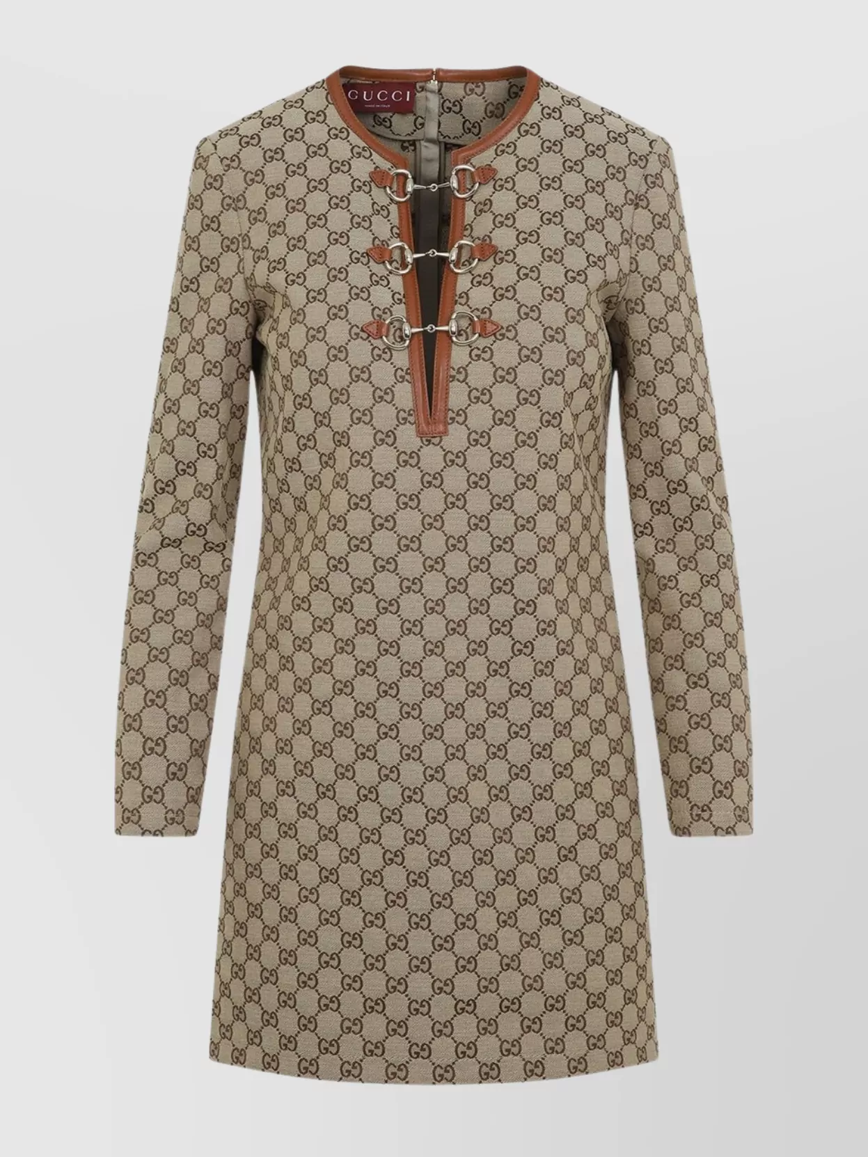 Gucci Beige Crewneck Mini Dress With Horsebit On The Front In Gg Canvas Woman