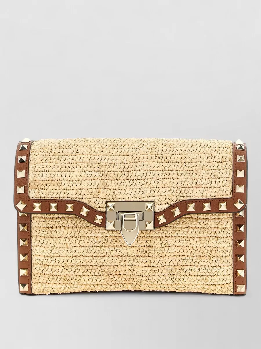Valentino Garavani Rockstud Spike Small Straw Clutch Bag