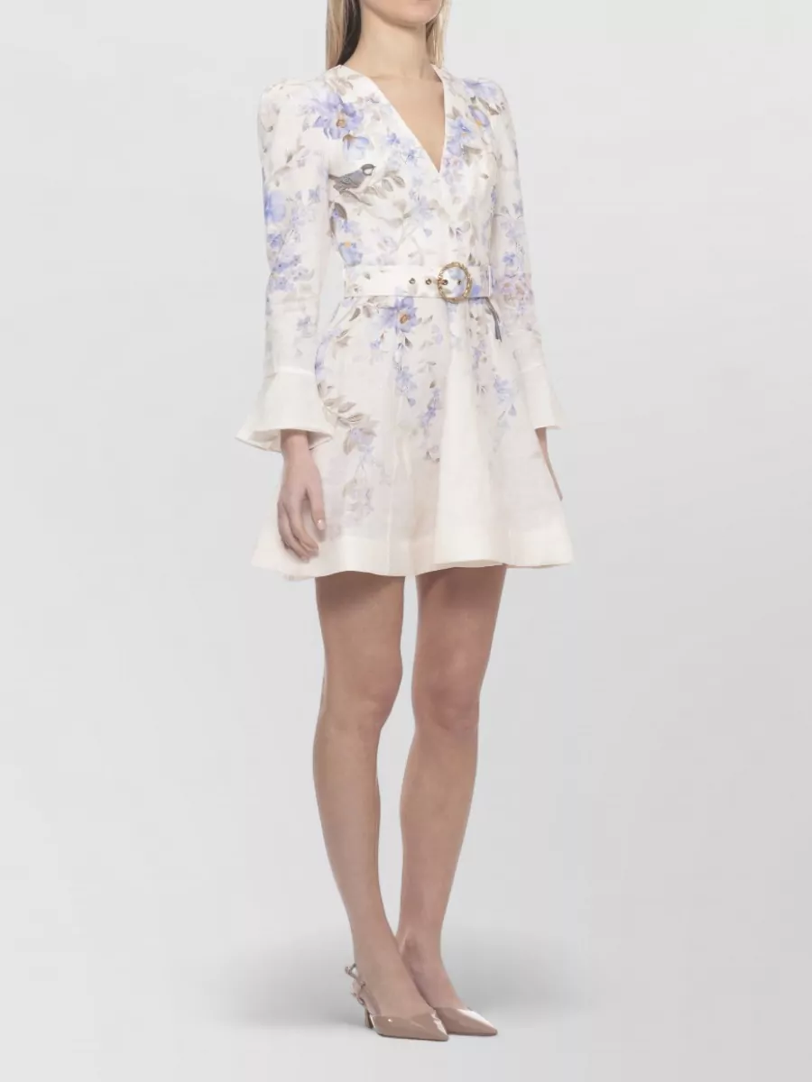 Zimmermann Linen Printed V-Neck Long-Sleeve Mini Dress