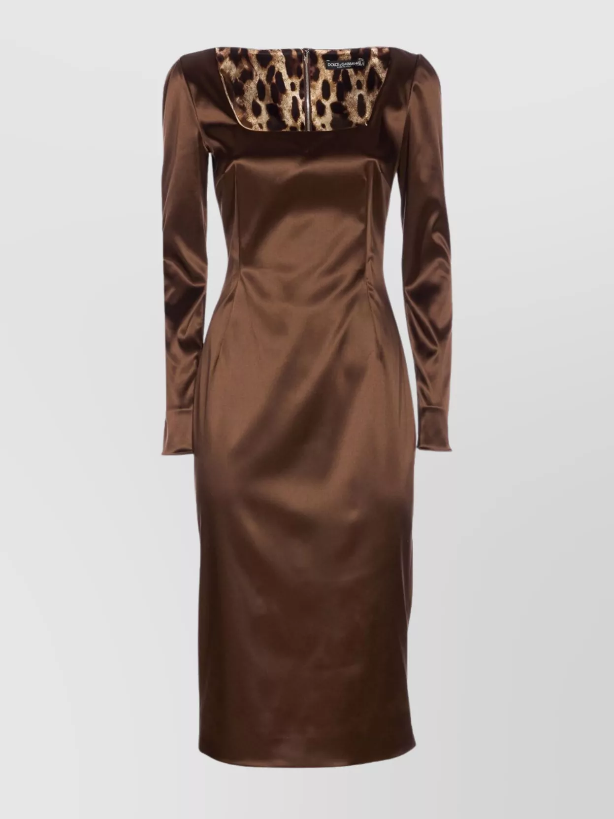 Dolce & Gabbana Long Sleeve Midi Dress With Animal Print Detail In Brown