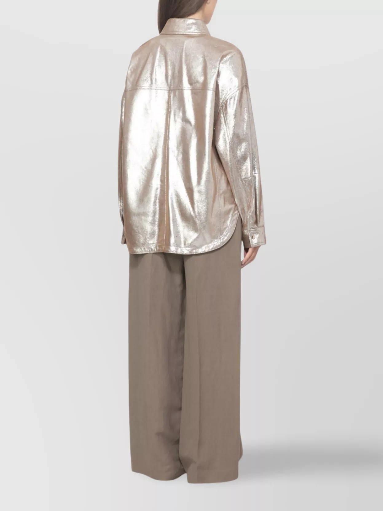Brunello Cucinelli Leather Shirt Collared Metallic Finish In Gray