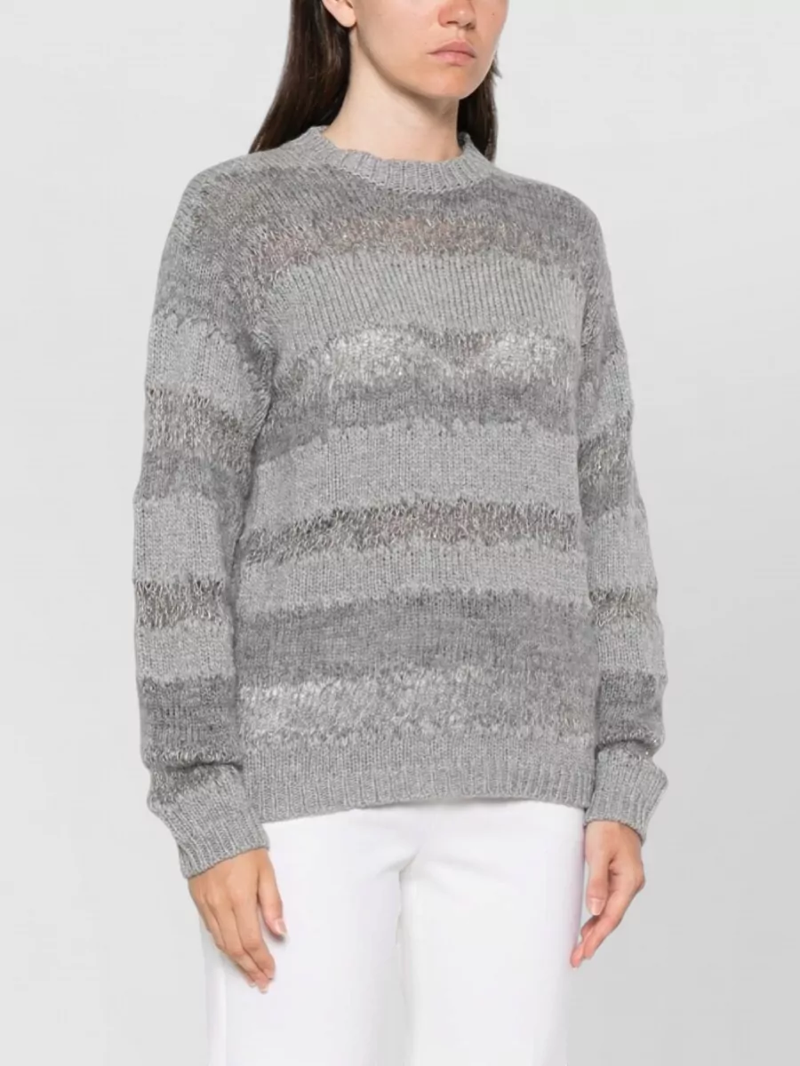 Fabiana Filippi Wool Silk Cashmere Open-Knit Striped Crew-Neck Sweater