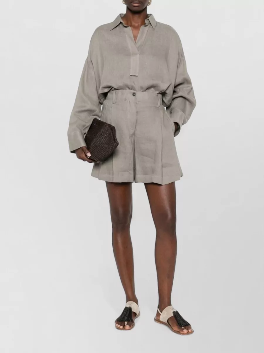 Brunello Cucinelli Linen V-Neck Long-Sleeve Shirt