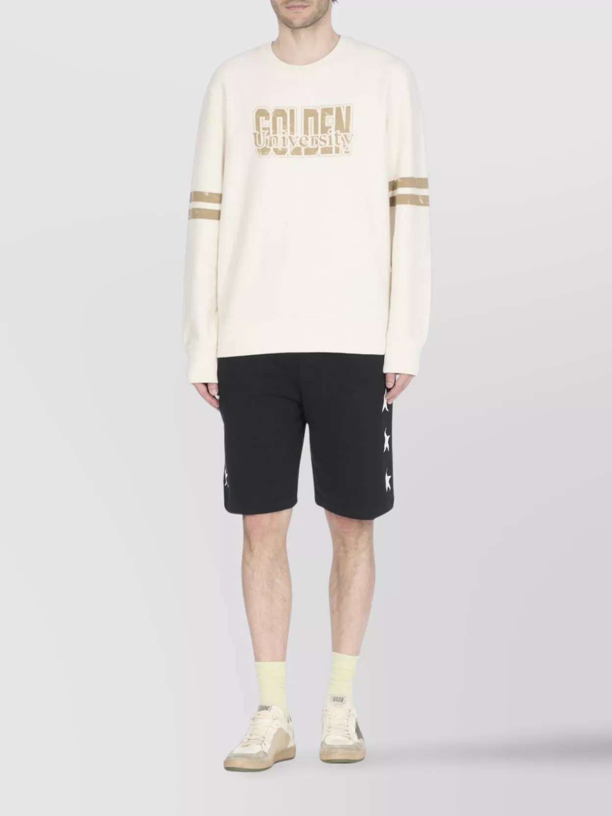 Golden Goose Ball Star Sneakers In Vintage Effect Leather With Olive Green Leather Star And Crocodile Effect Heel In White