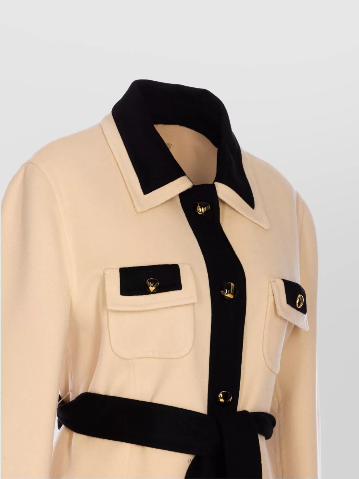 Valentino Belted Collar Coat With Contrasting Profiles And Pockets In Neutral