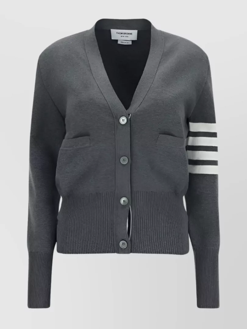 Thom Browne V-neck Cotton Cardigan Striped Sleeves In Gray