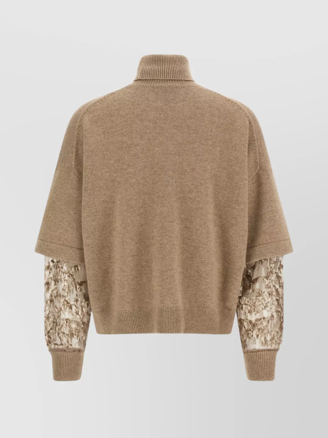 Brunello Cucinelli Cashmere Turtleneck Sweater With Sheer Sequined Sleeves In Brown