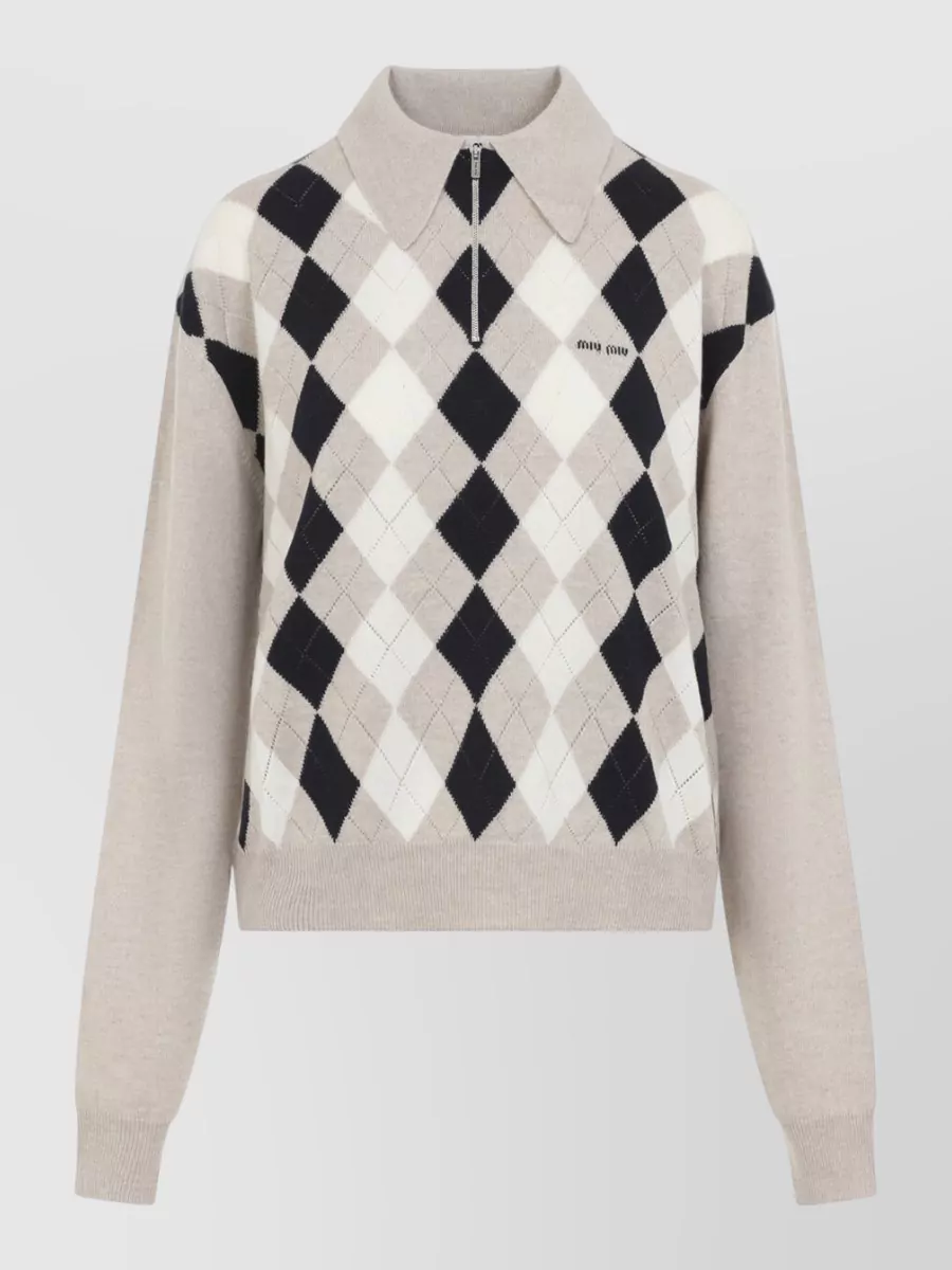 Miu Miu Cashmere Argyle Knit Polo Jumper