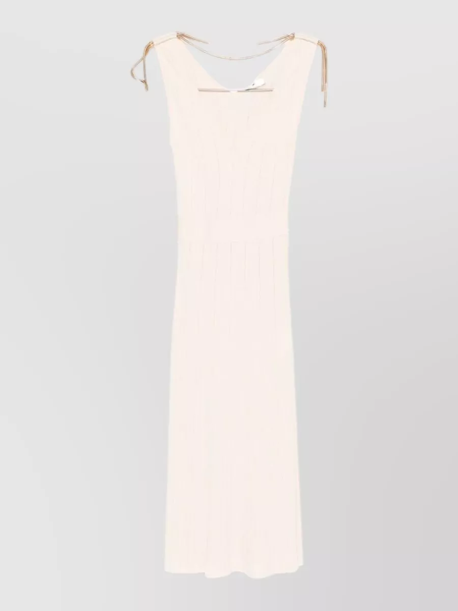 Elisabetta Franchi Ribbed knit v-neck sleeveless midi dress — The soft ivory ribbed midi from Elisabetta Franchi gives a clean, body-skimming base that quietly harmonises with the twilly’s blush and rose tones while staying in a refined, quiet-luxury lane.