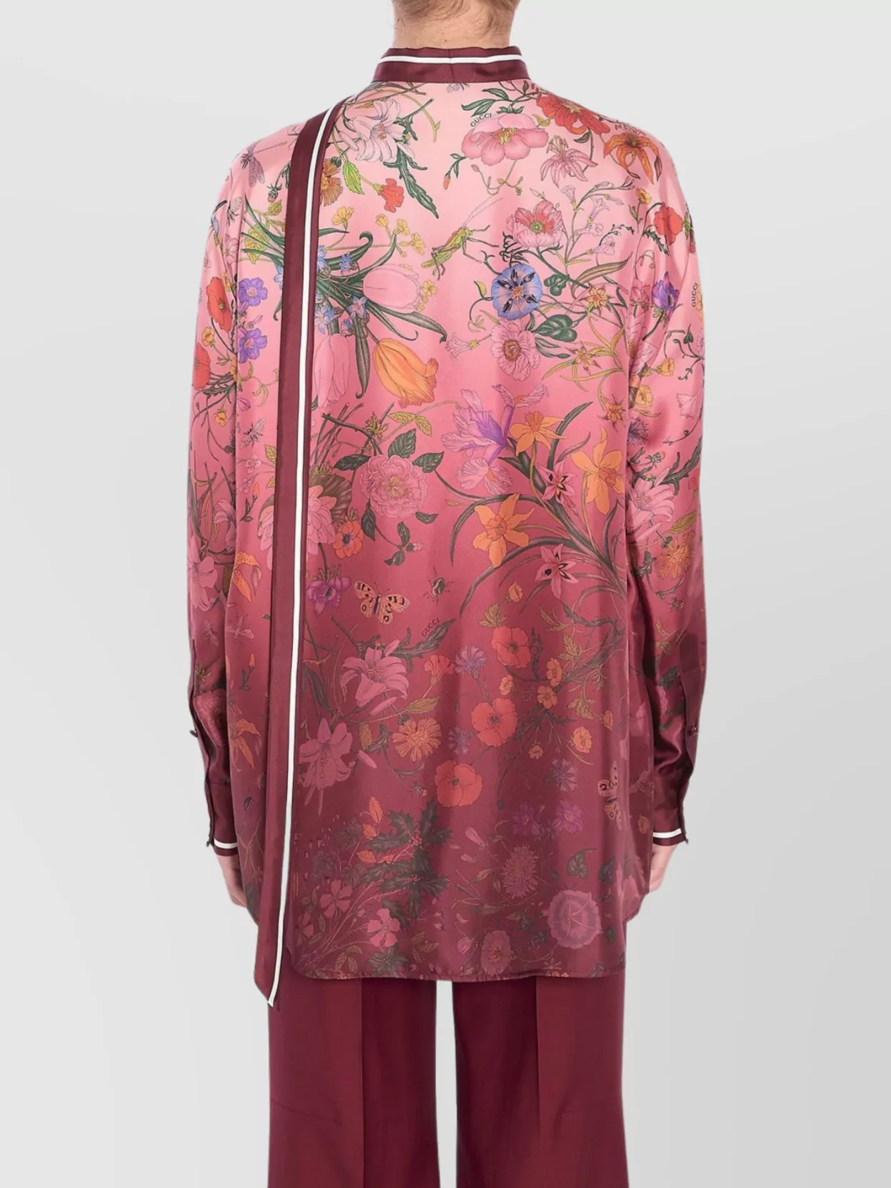 Gucci Silk Shirt With Flora Print And Tie Bow In Brown