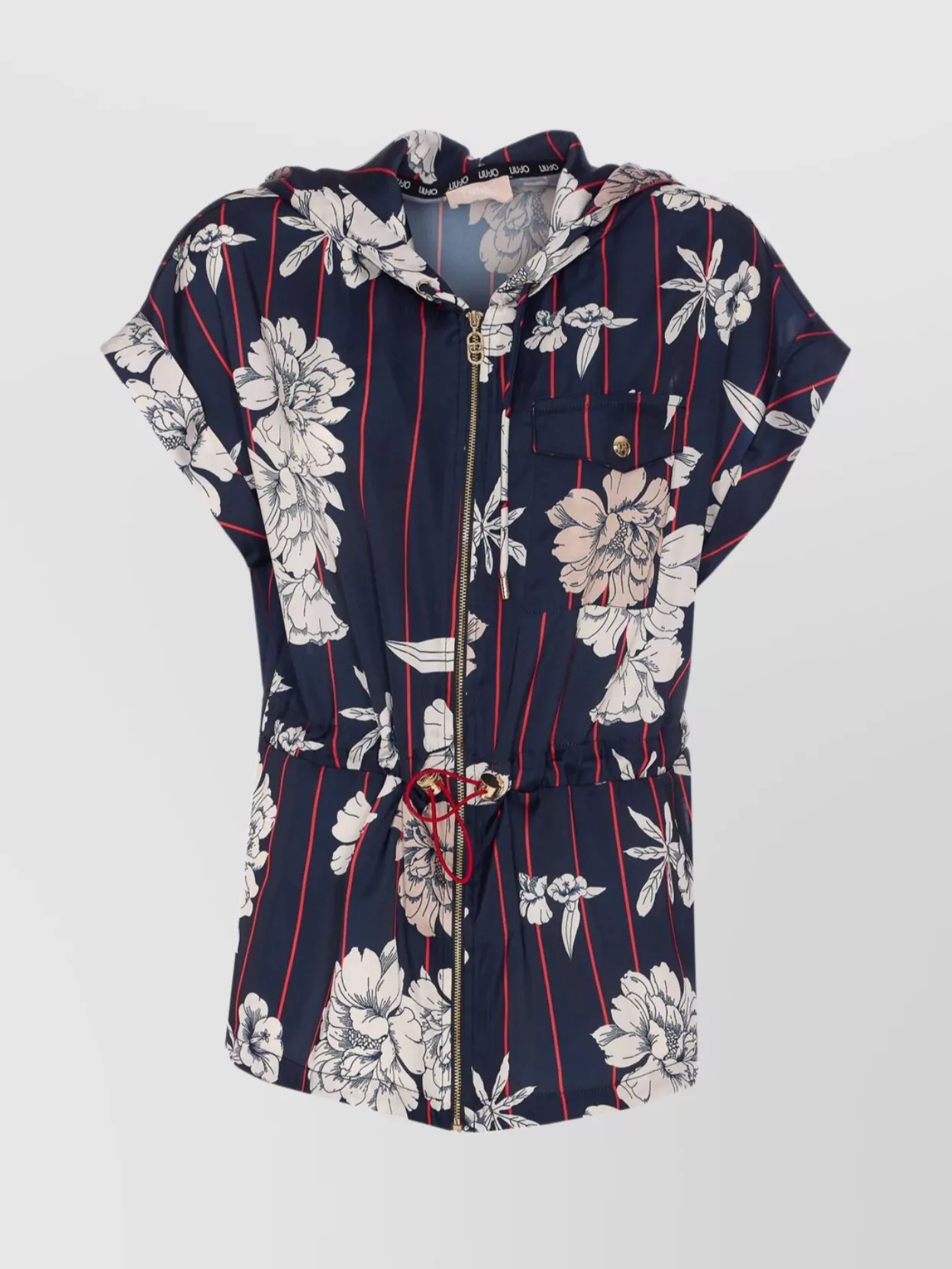 LIU •JO FLORAL STRIPED HOODED VEST WITH DRAWSTRING WAIST