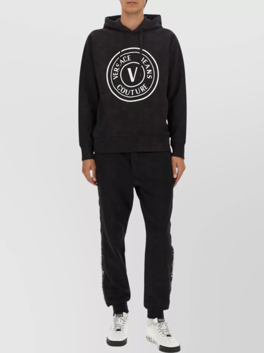 Shop Versace Jeans Couture Logo Hooded Sweatshirt With Ribbed Finish