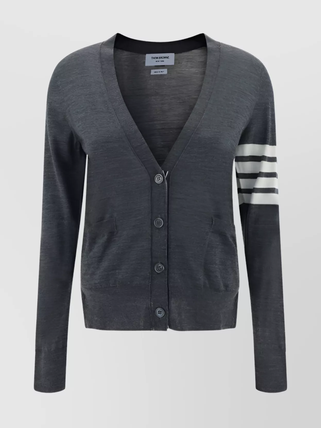Thom Browne V-neck Wool Cardigan Iconic Bands In Gray