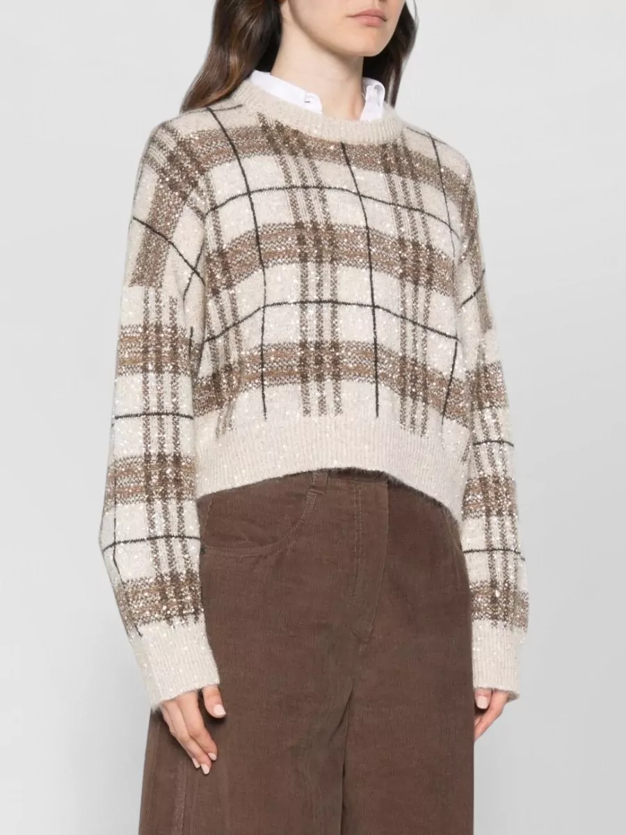 Brunello Cucinelli Plaid-pattern Sequin-embellishment Sweater In Brown