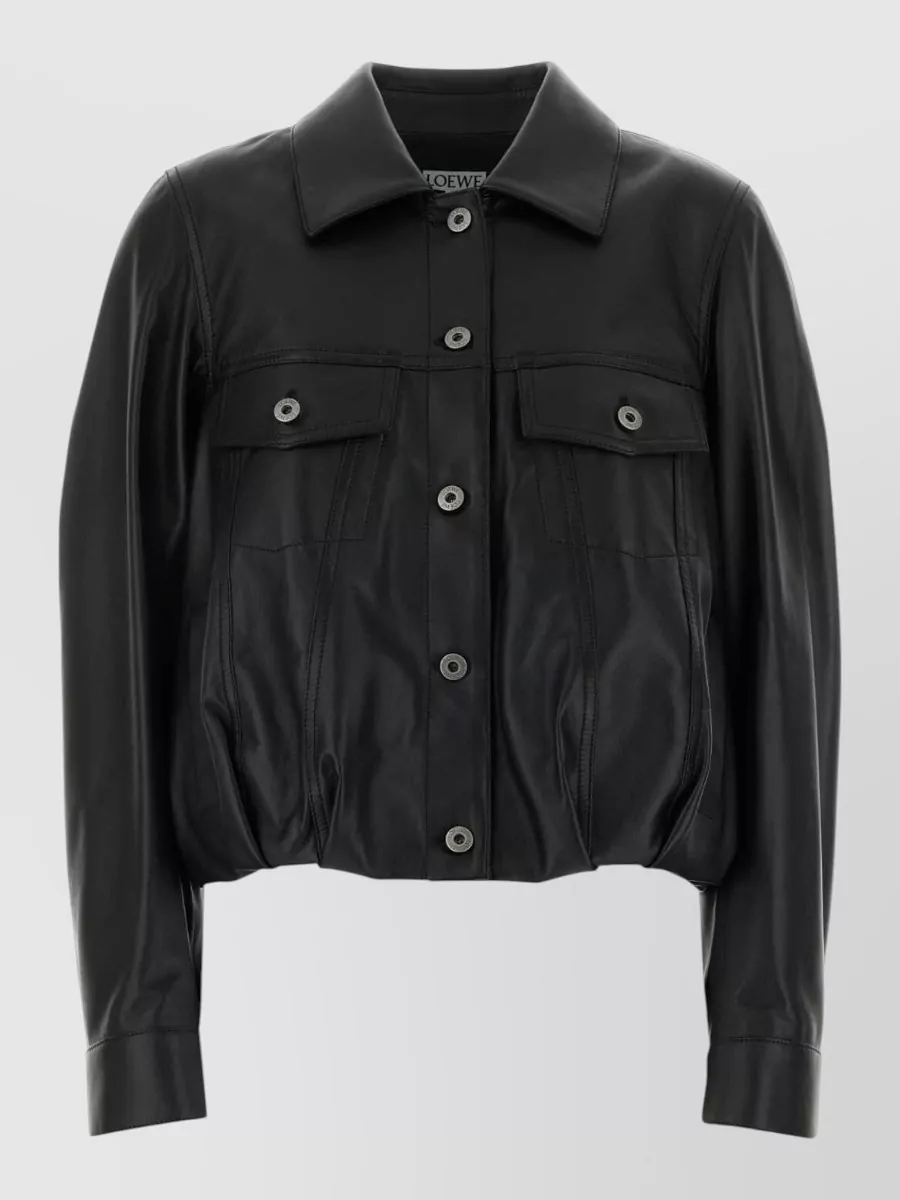 Loewe Leather Jacket Collared Front Pockets Long Sleeves In Black
