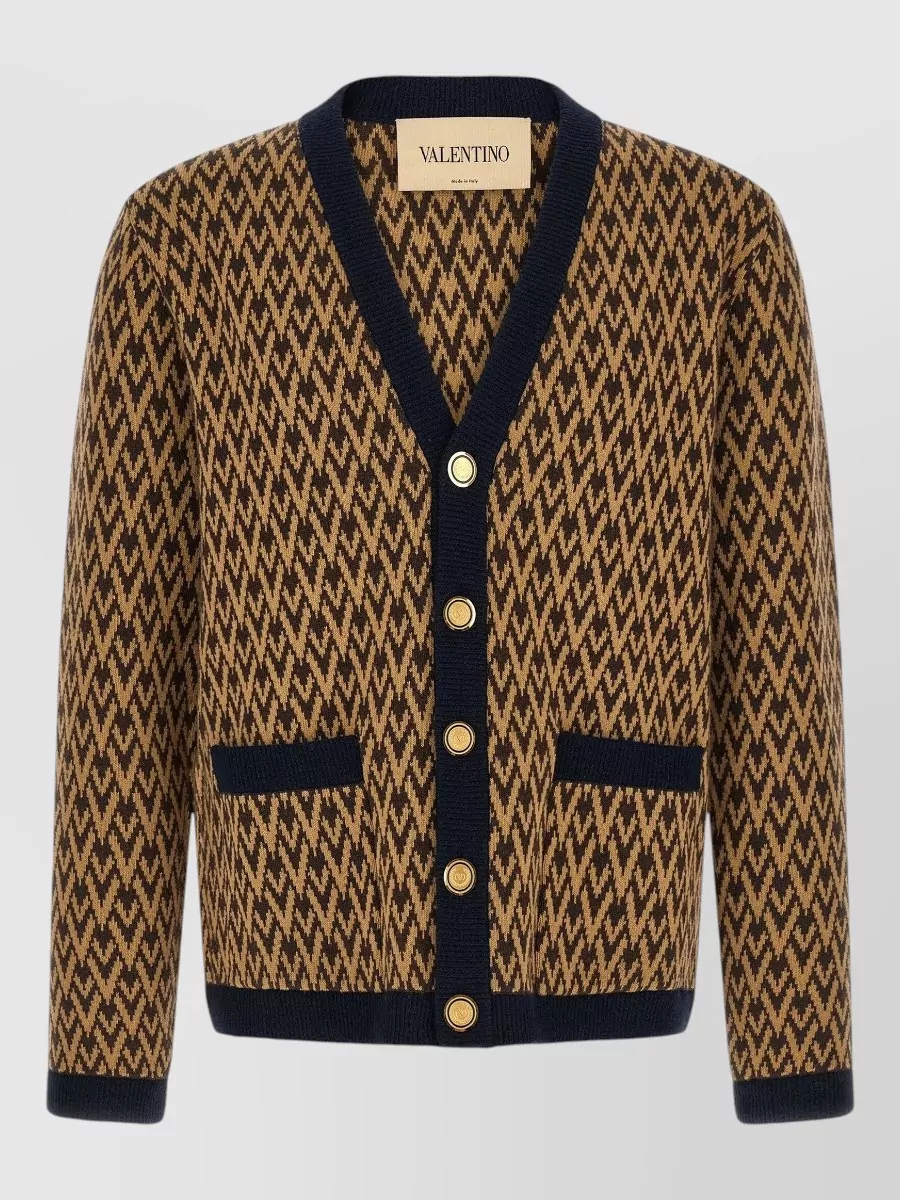 Valentino Cashmere jacquard v-neck ribbed trim cardigan