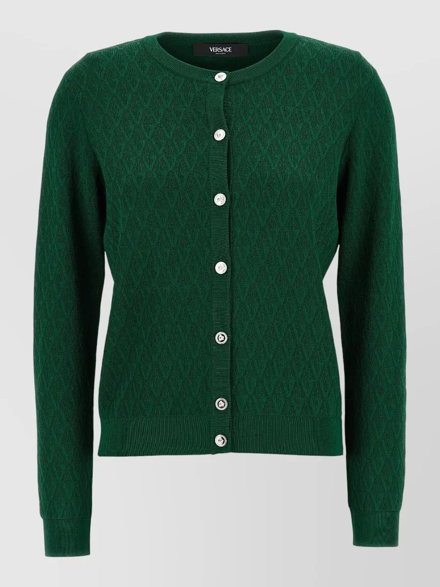 Versace Knit Cardigan V Neckline Textured Pattern In Gray