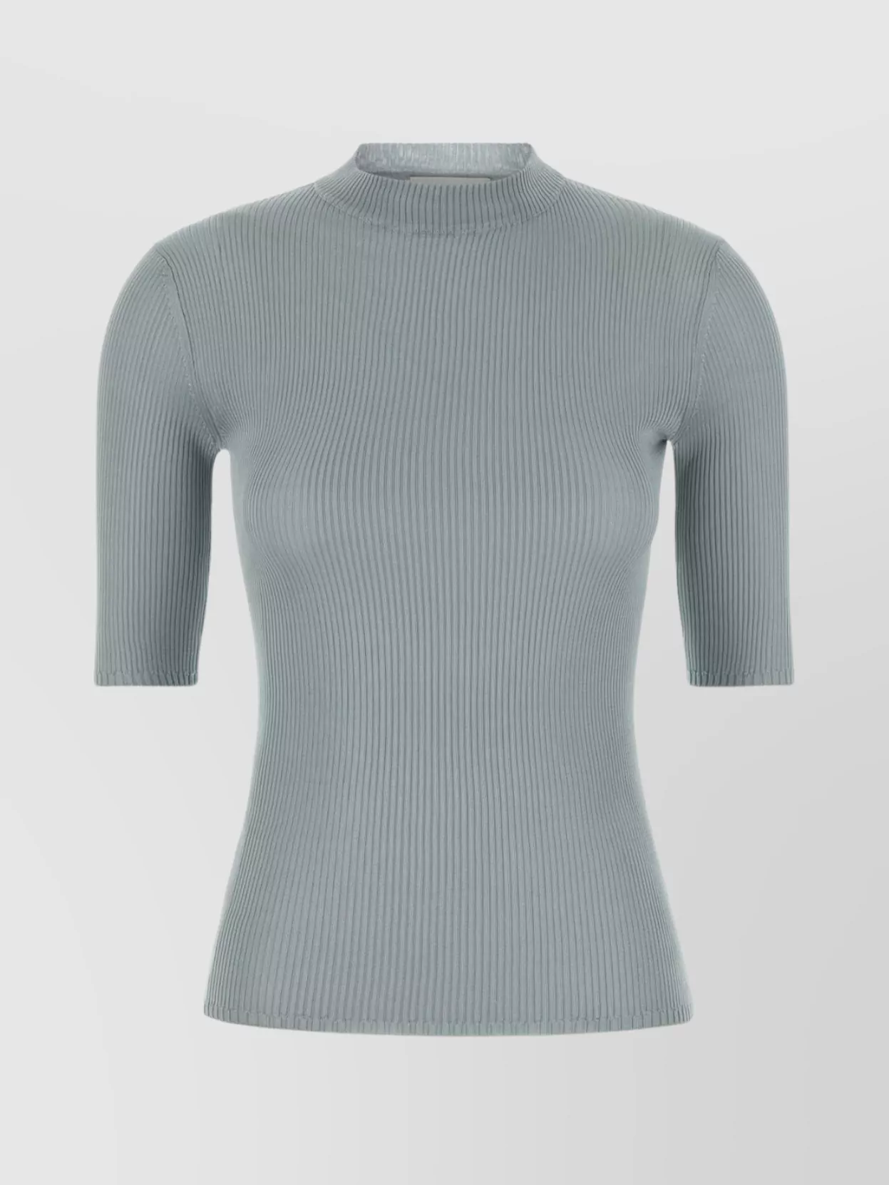 Miu Miu Silk Top With Mock Neck And Short Sleeves In Gray