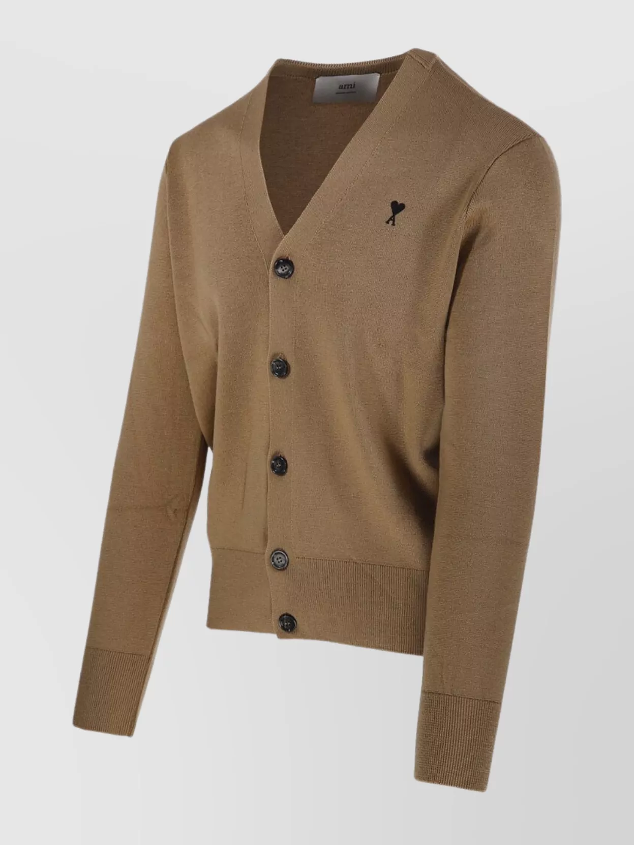 Ami Paris Merino V Neck Cardigan With Ribbed Cuffs And Hem