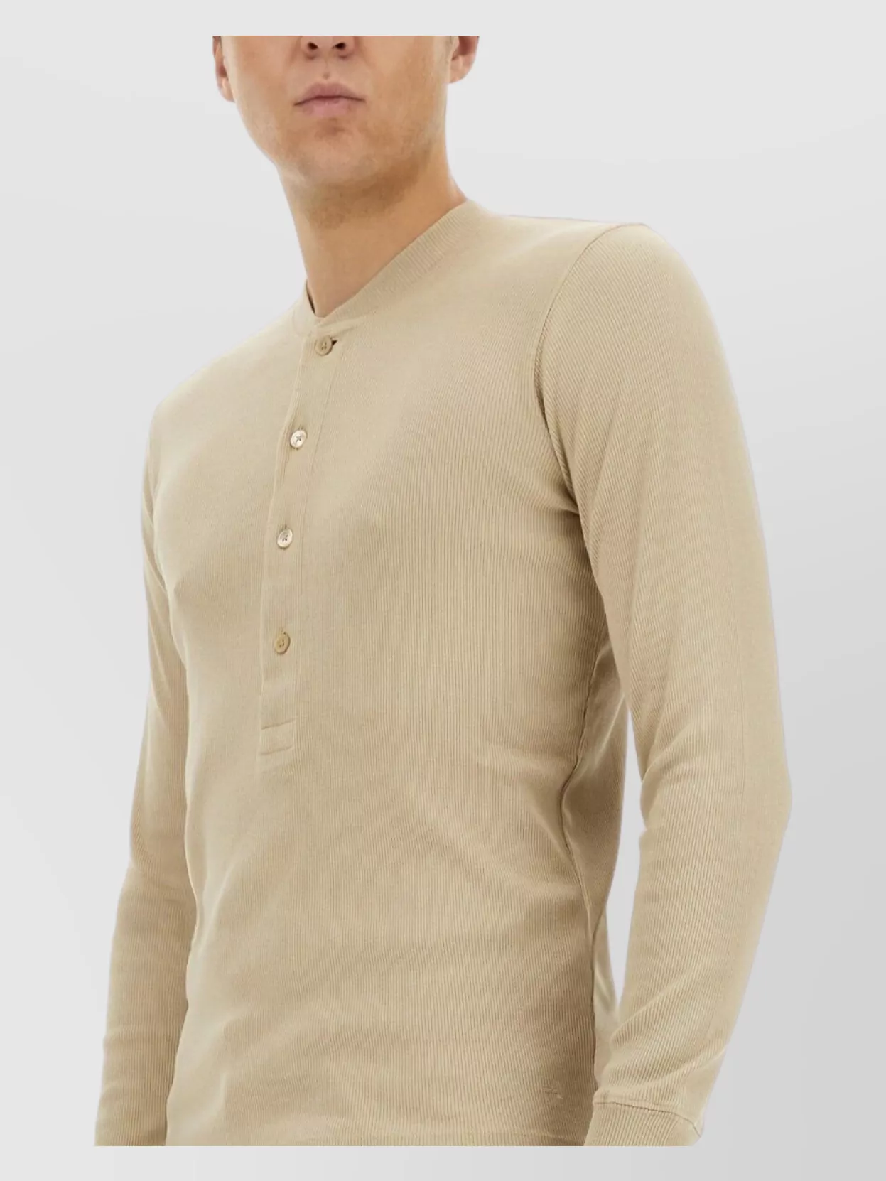 Tom Ford Mens Beige Ribbed Long-sleeve Cotton And Modal Henley Top