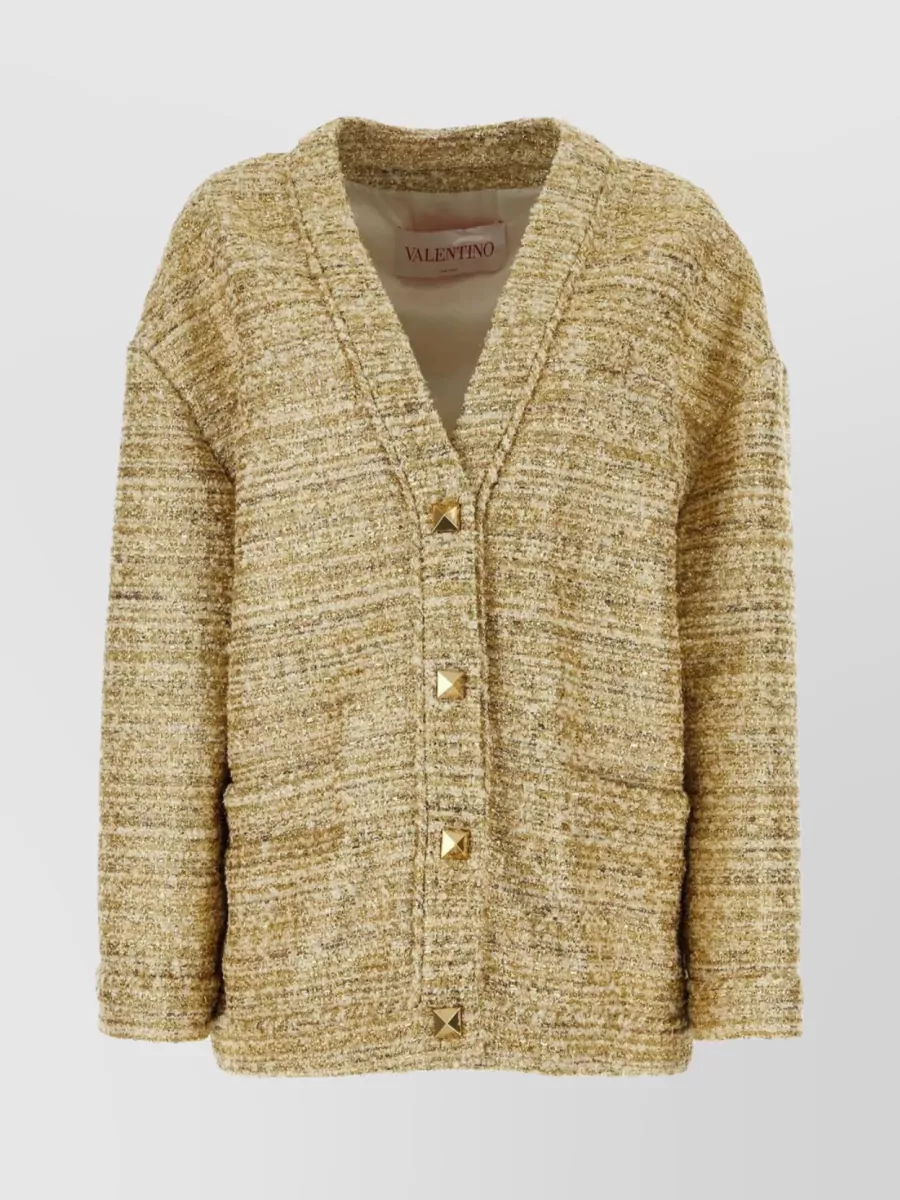 Shop Valentino V-neck Metallic Thread Knit Cardigan In Brown