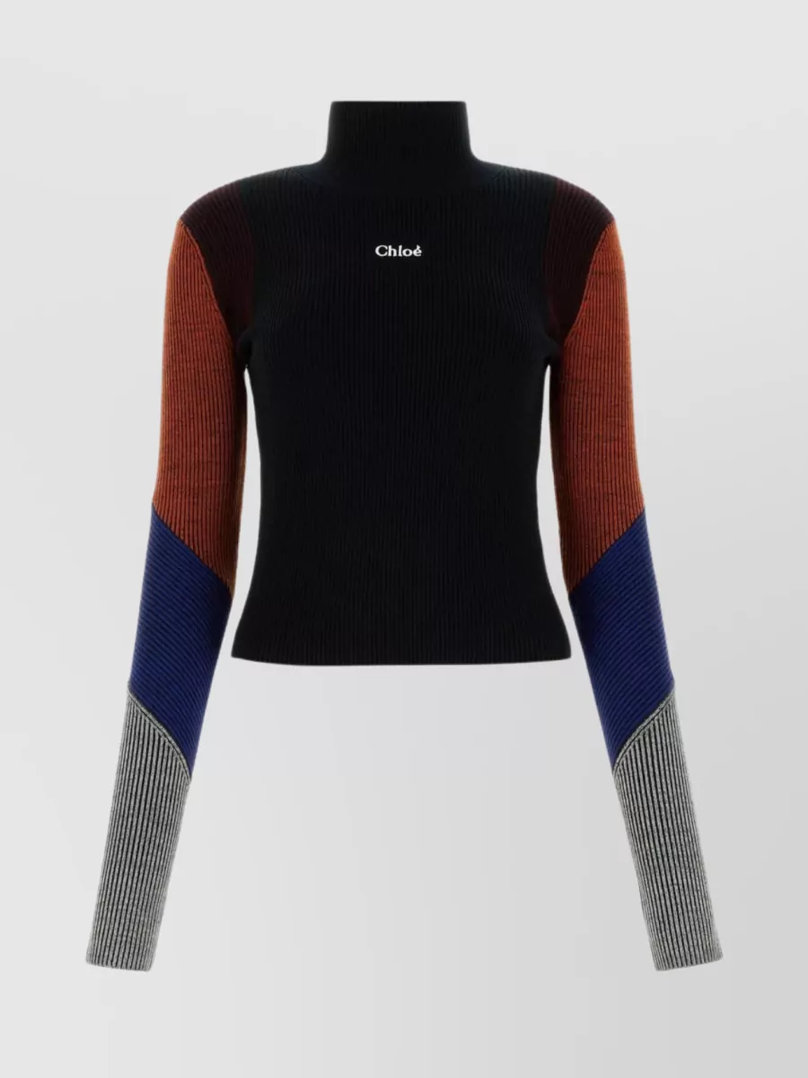 Shop Chloé Ribbed Turtleneck Wool Blend Sweater In Black