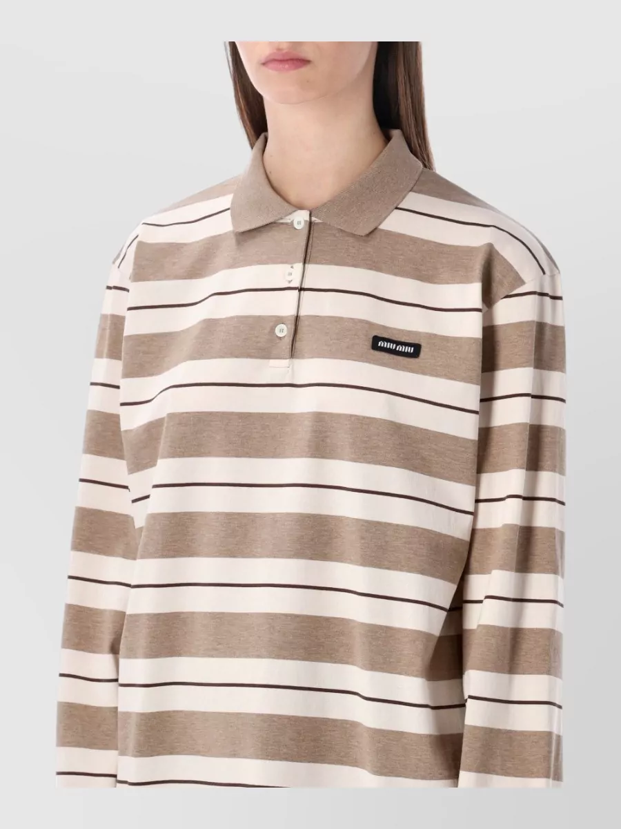 Miu Miu Long Sleeve Striped Cotton Polo Top